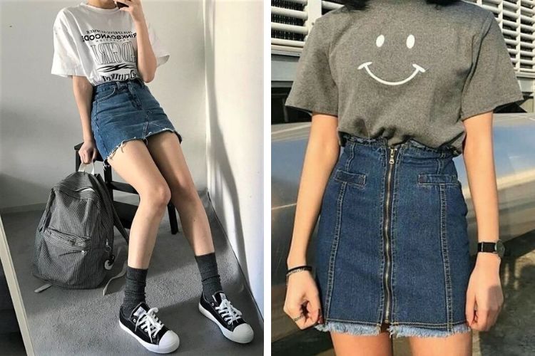 cách phối đồ với chân váy jean